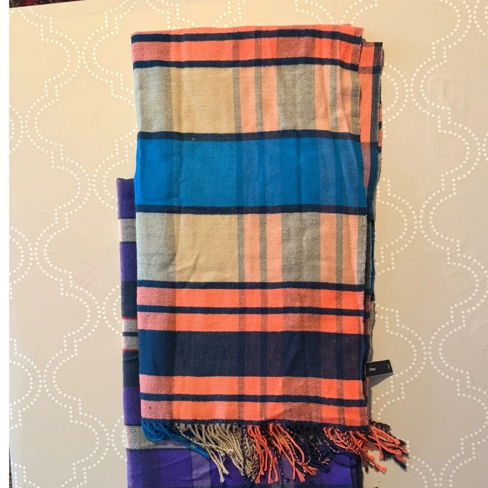Gap Scarf Cozy Exploded Plaid Turquoise Coral Navy Oversized OS